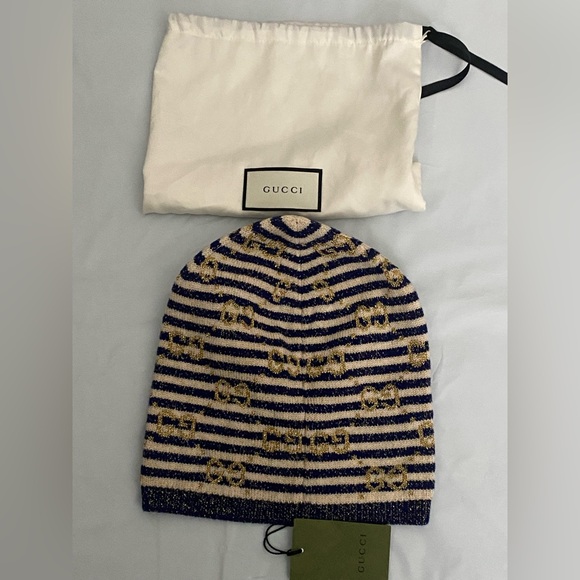 NWT Authentic Gucci Wool Hat Blue Crème Gold Size Med With Dust Bag - Picture 7 of 7